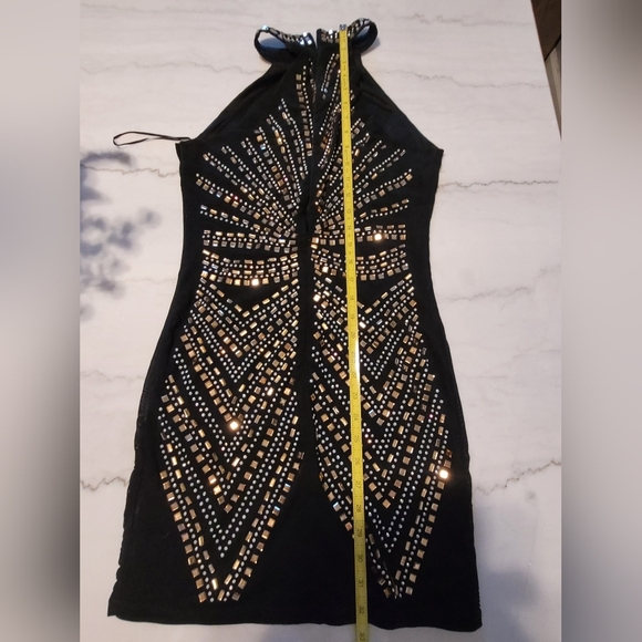 Paradiso Black and Gold Rhinestone Gem Embellished Mini Halter Dress Size Large - Picture 12 of 15